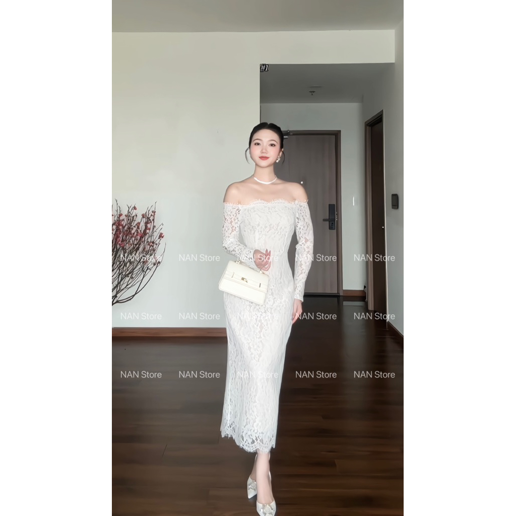 NAN Store -  Váy ren thiết kế trễ vai body dài tay dáng dài 3 lớp