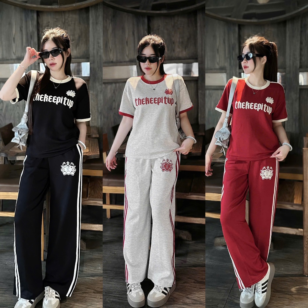 { Deal Mở Bán } Bộ Cộc Tay in Chữ Nổi Phối Sọc Phong Cách Trẻ Trung full size 45-63kg | BigBuy360 - bigbuy360.vn