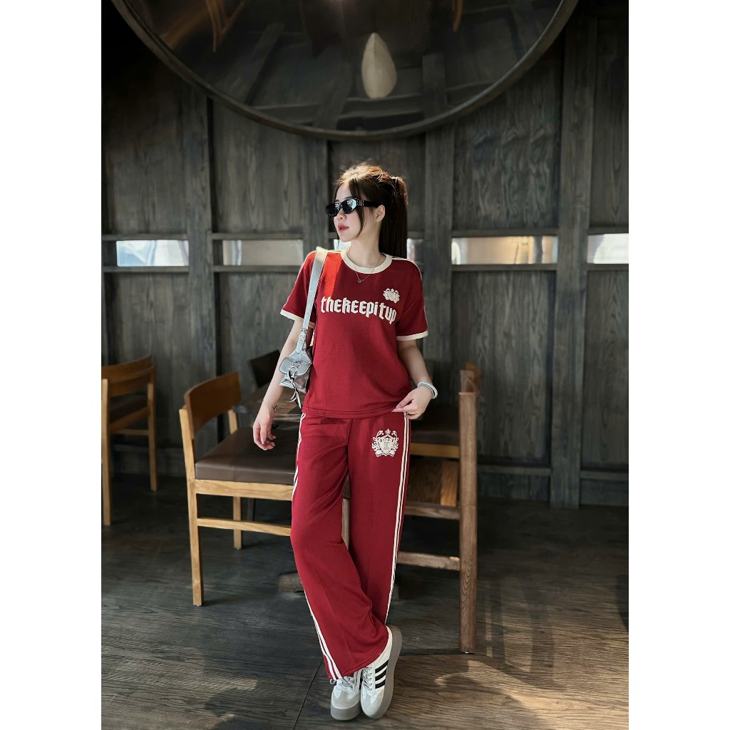 { Deal Mở Bán } Bộ Cộc Tay in Chữ Nổi Phối Sọc Phong Cách Trẻ Trung full size 45-63kg | BigBuy360 - bigbuy360.vn