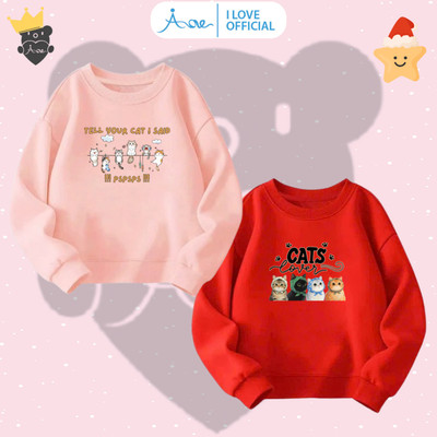 [MỚI] Áo nỉ SWEATER cho bé AORE, Áo nỉ dài tay cổ tròn in hình chú mèo đáng yêu chất nỉ da cá bé trai, bé gái 10-35kg