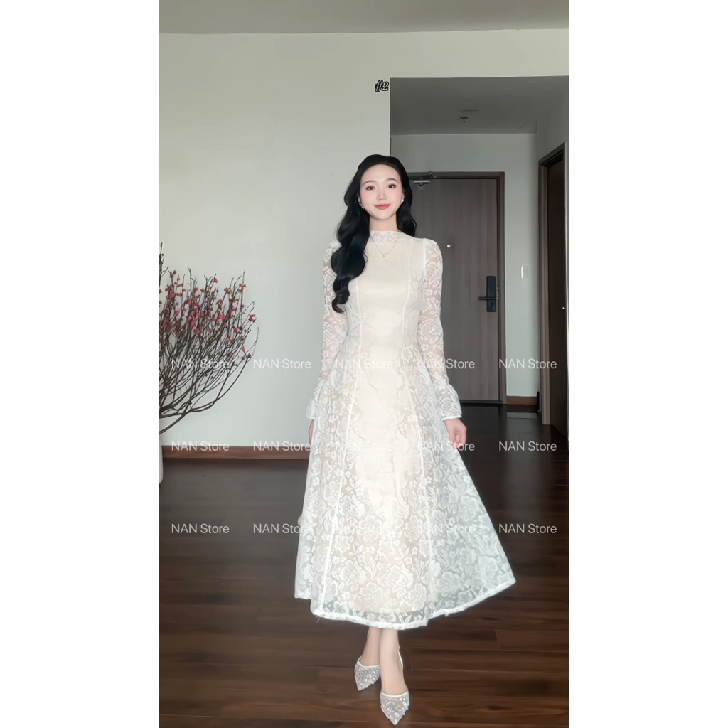 NAN Store - Váy ren thiết kế cổ trụ tay xoè lót nude dài tay dáng xoè dài