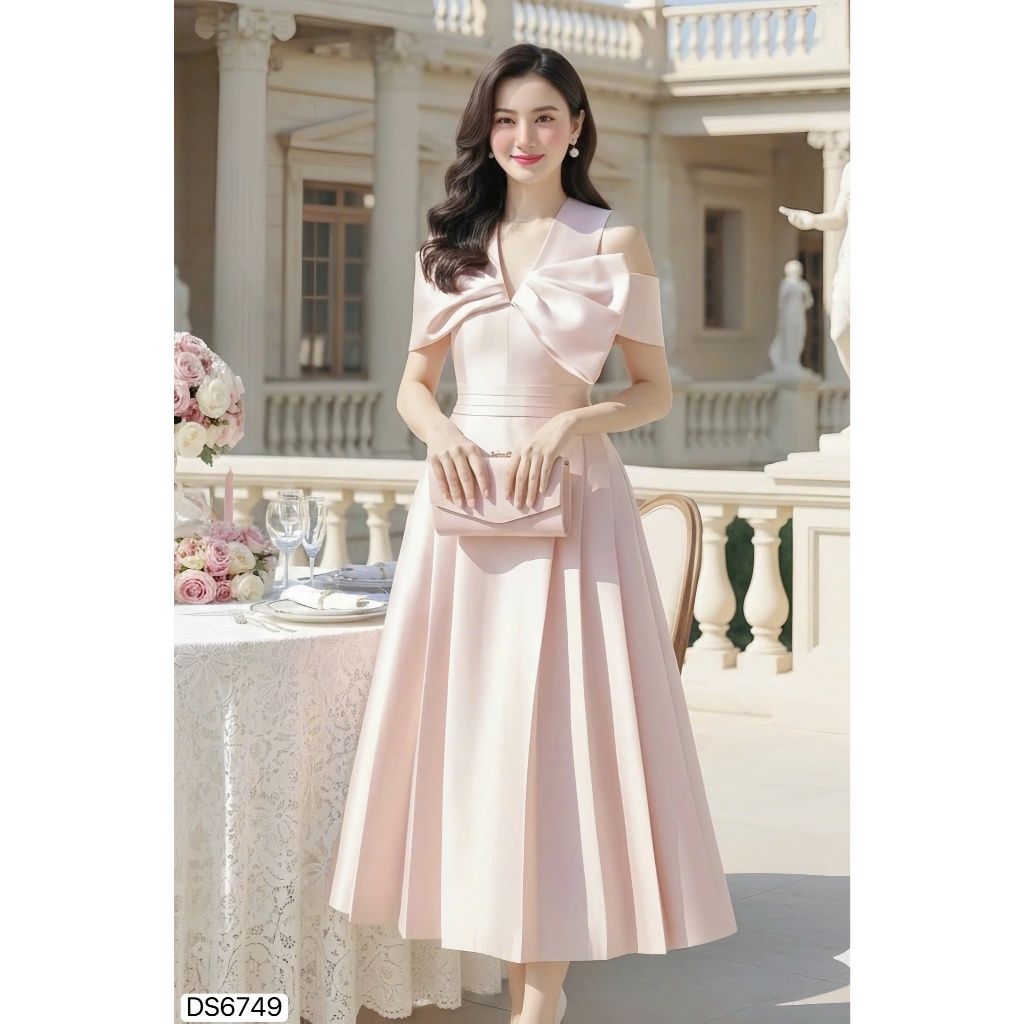 Váy Thiết Kế DVC - Váy Xòe Hồng Cổ Tim Khoét Vai DS6749 - DOLCE VIVA COLLECTION