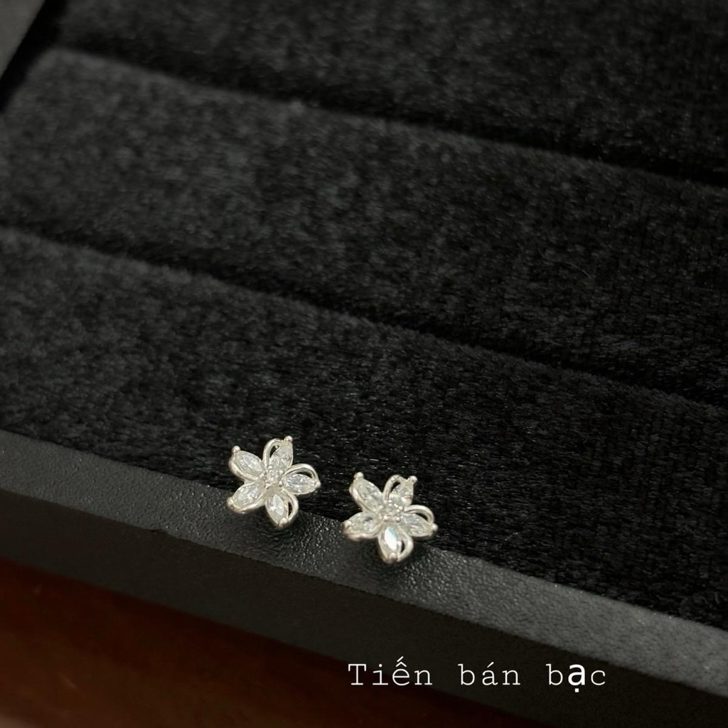 Bông tai nữ hoa 5 cánh đá lượn chốt đẩy Cz nhập khẩu bạc  S925 ML018