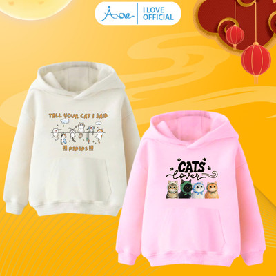 [MỚI] Áo hoodie cho bé AORE, Áo khoác nỉ dài tay phối túi có mũ in hình Mèo cute cho bé trai, bé gái từ 10-35kg