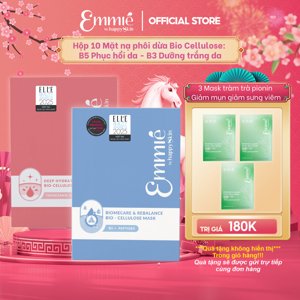 Hộp 10 mặt nạ sinh học phôi dừa Bio Cellulose B5 Phục hồi da B3 Dưỡng trắng da 25gx10 Emmie by Happy