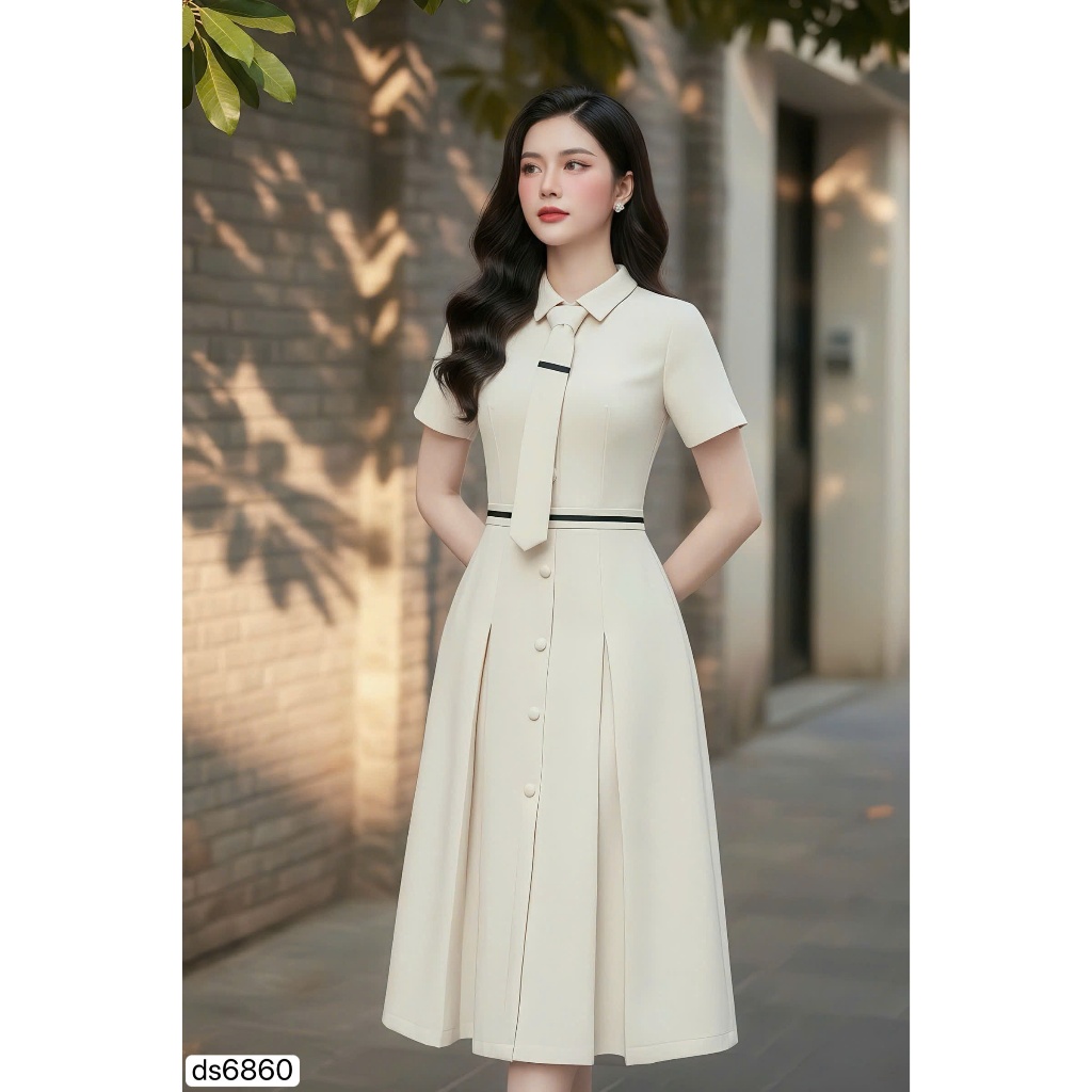 Váy Thiết Kế DVC - Váy Be Xòe Cổ Sơ Mi Phối Cà Vạt DS6860 - DOLCE VIVA COLLECTION CM0402