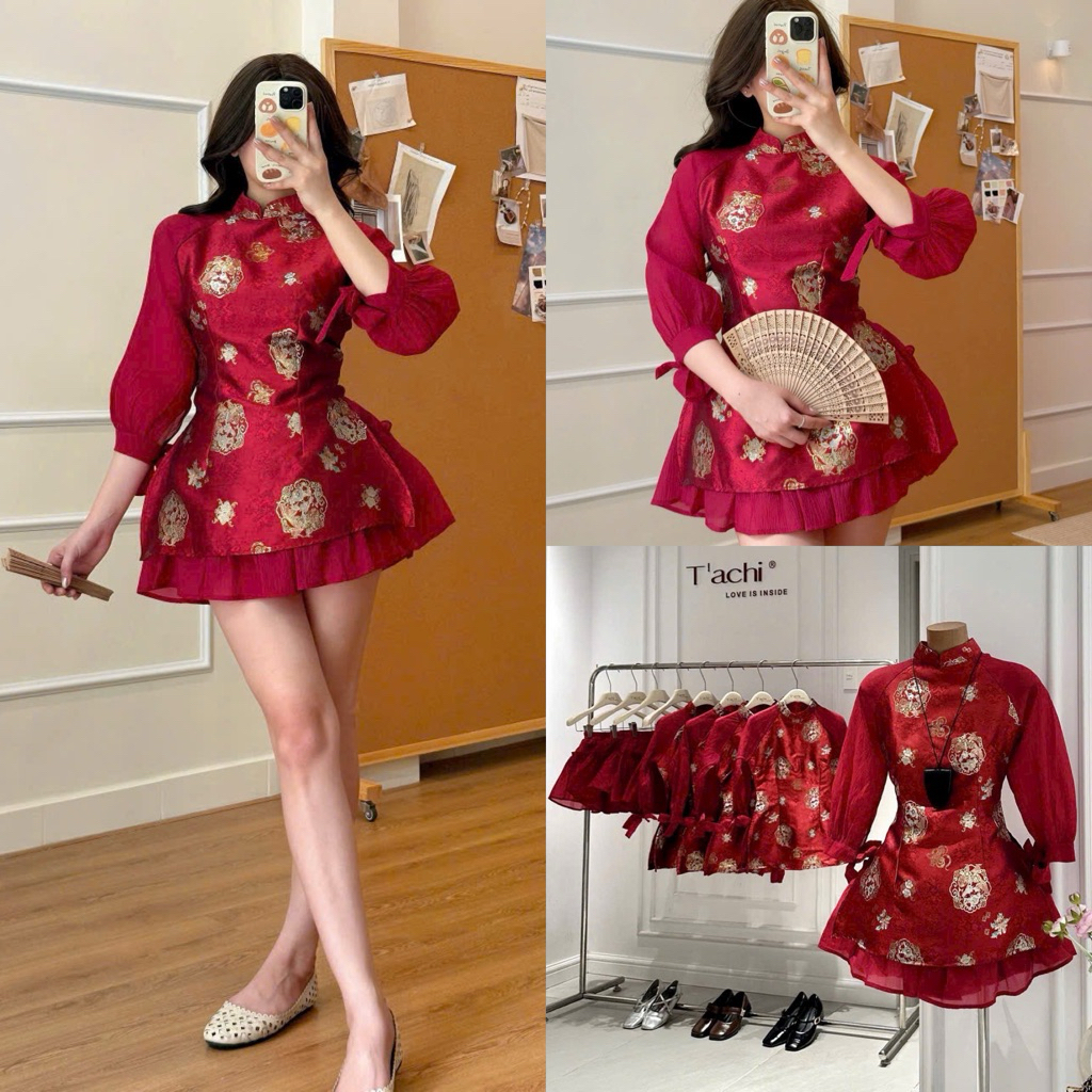 SET ÁO VÁY GẤM NƠ NGỰC