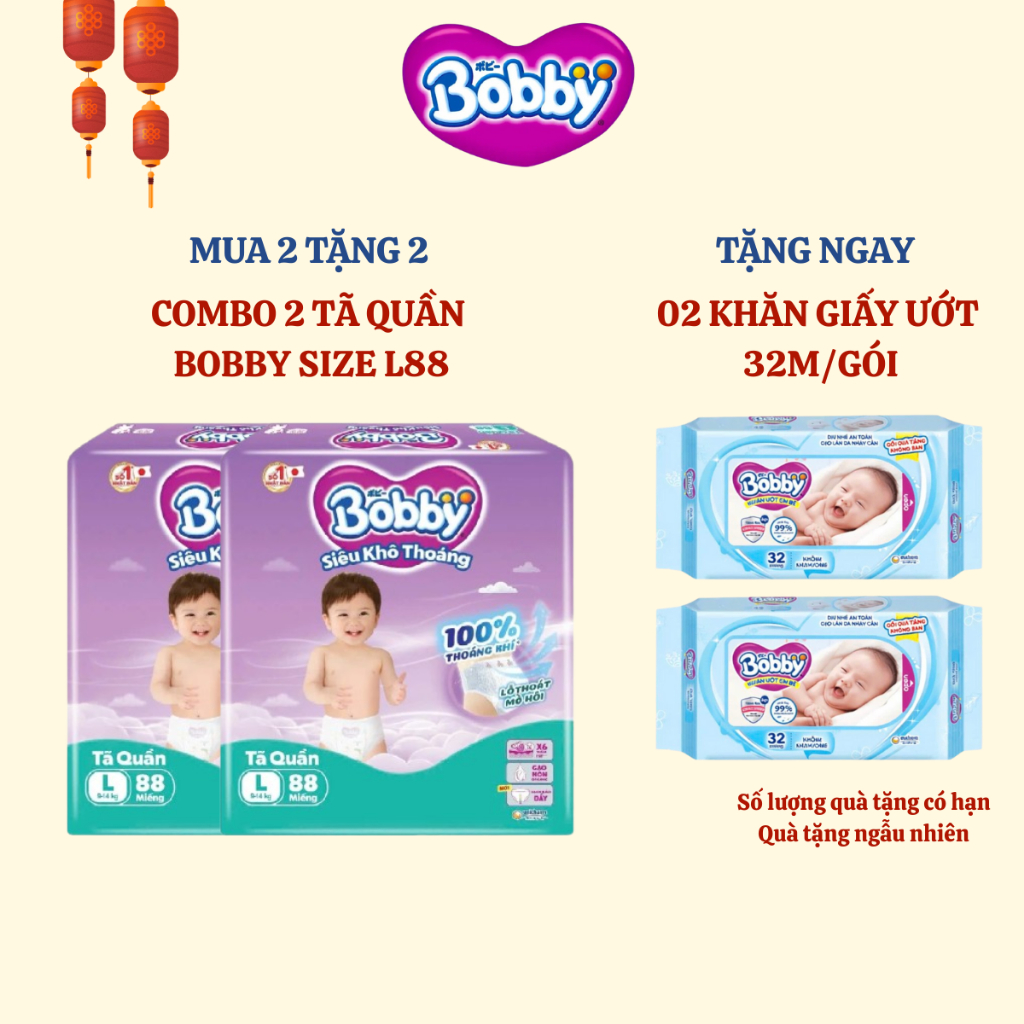 [BOBBY] COMBO 2 Tã quần Bobby Siêu Khô Thoáng size L88 cho bé từ 9-14kg