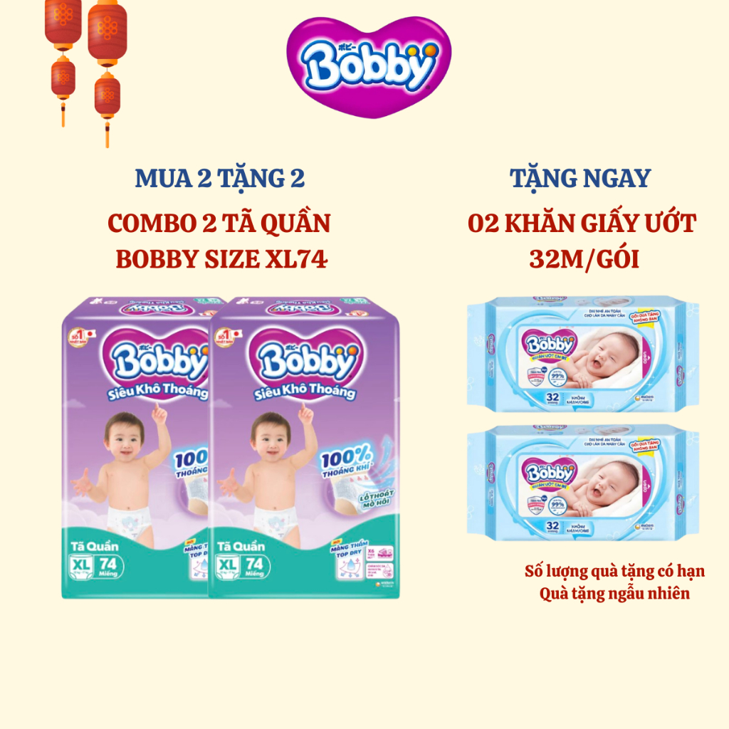 [BOBBY] COMBO 2 Tã quần Bobby Siêu Khô Thoáng size XL76 cho bé 12-17kg (nay đổi thành XL74 miếng)