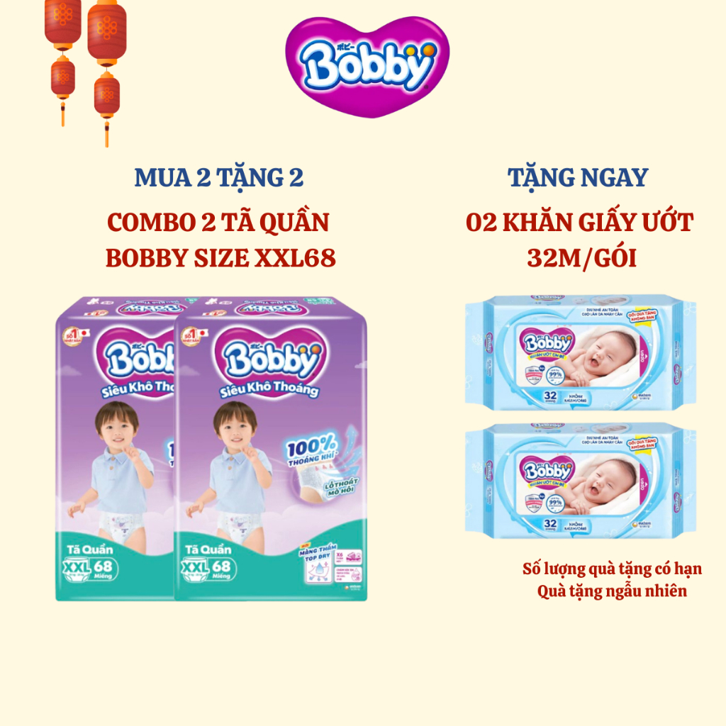 [BOBBY] COMBO 2 Tã quần Bobby Siêu Khô Thoáng size XXL70 cho bé từ 15-25kg (nay đổi thành XXL68 miến
