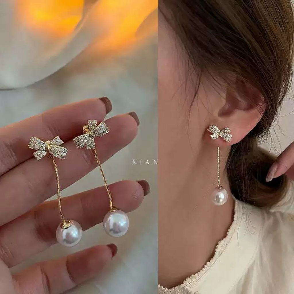 GM34 Bông tai nữ Bernie Earrings ngọc đính nơ phong các tiểu thư sang trọng thanh lịch cho nữ