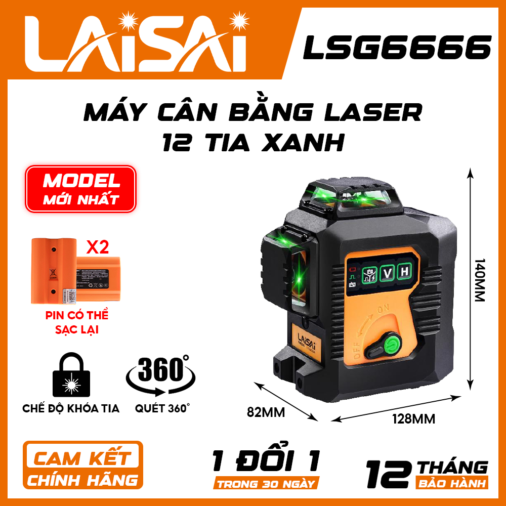 Máy Cân Bằng Laser 12 Tia Xanh LAISAI LSG6666 – Quét 3x360°, 2 pin 2000mAh, bảo hành 12 tháng