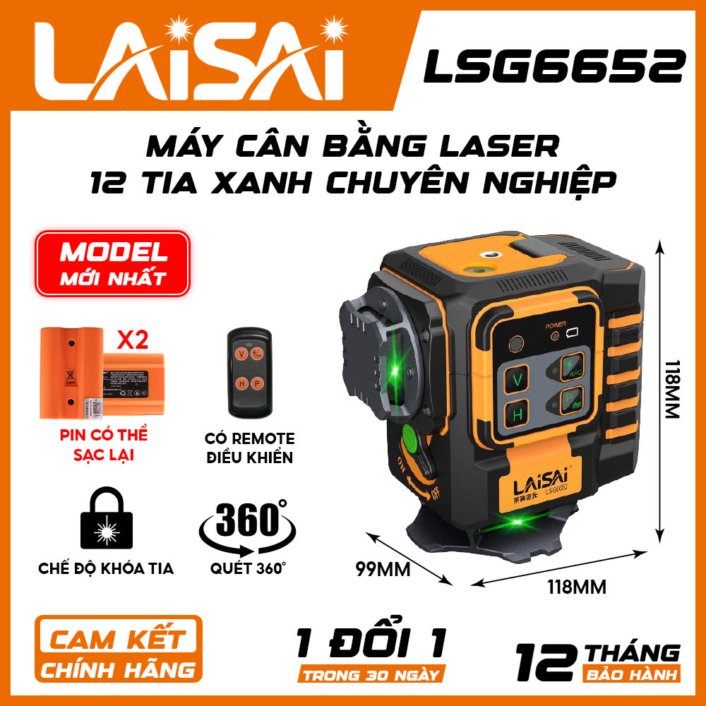Máy Cân Bằng Laser 12 Tia Chuyên Nghiệp LAISAI LSG6652 – Thi Công Lát Gạch & Nội Thất, 2 pin, quét 3