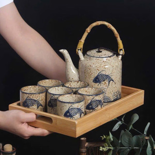 Bộ Ấm Trà Gốm Sứ Cao Cấp Dona Home Decor – Bộ Ấm Chén Trà Đạo Men Hỏa Biến, Vẽ Hoa Đào, Cá Chép Sang Trọng