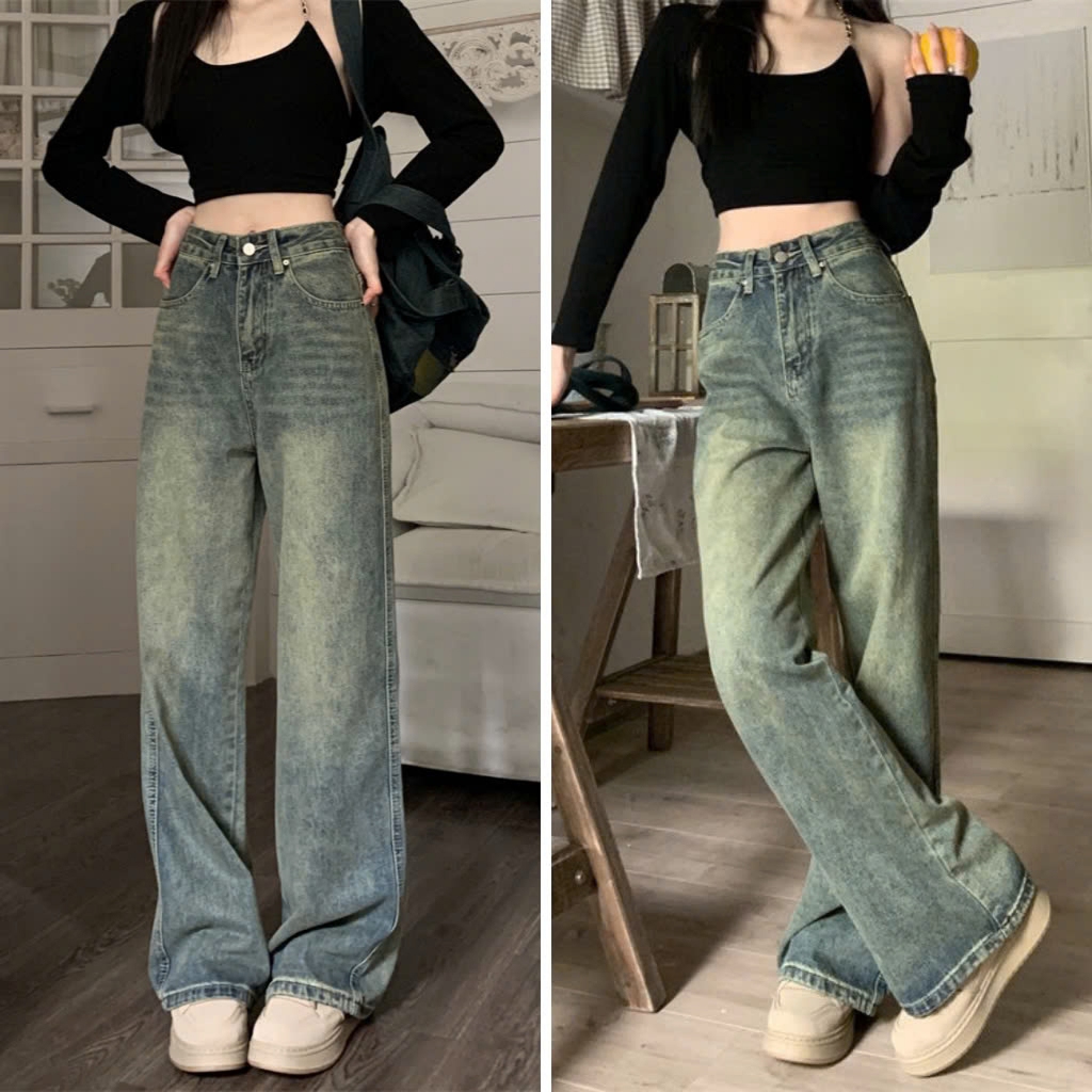 [XẢ KHO] Quần jean ống rộng, quần jean nữ, dáng suông basic ELIYA cạp cao, xanh rêu, vải mềm không c