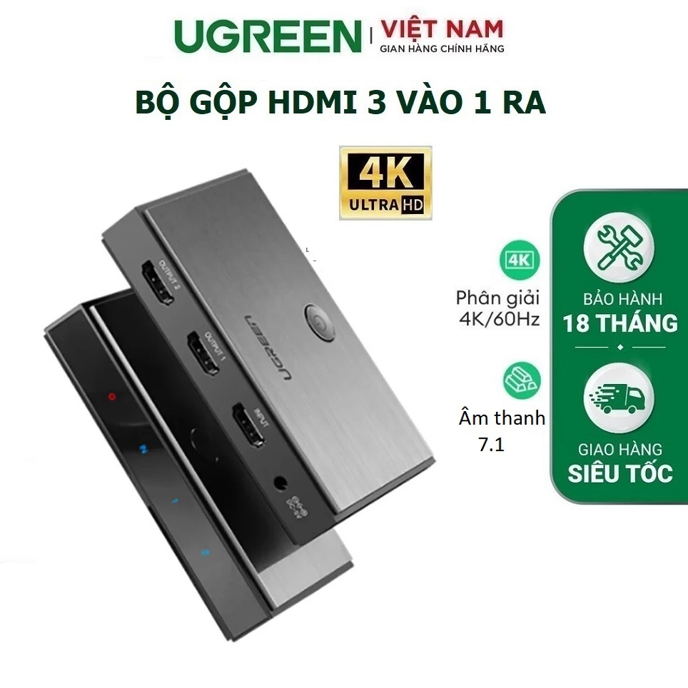 Bộ gộp HDMI 3 vào 1 ra HDMI 2.0 hỗ trợ 4K/2K@60Hz chính hãng Ugreen 50709/CM188 cao cấp