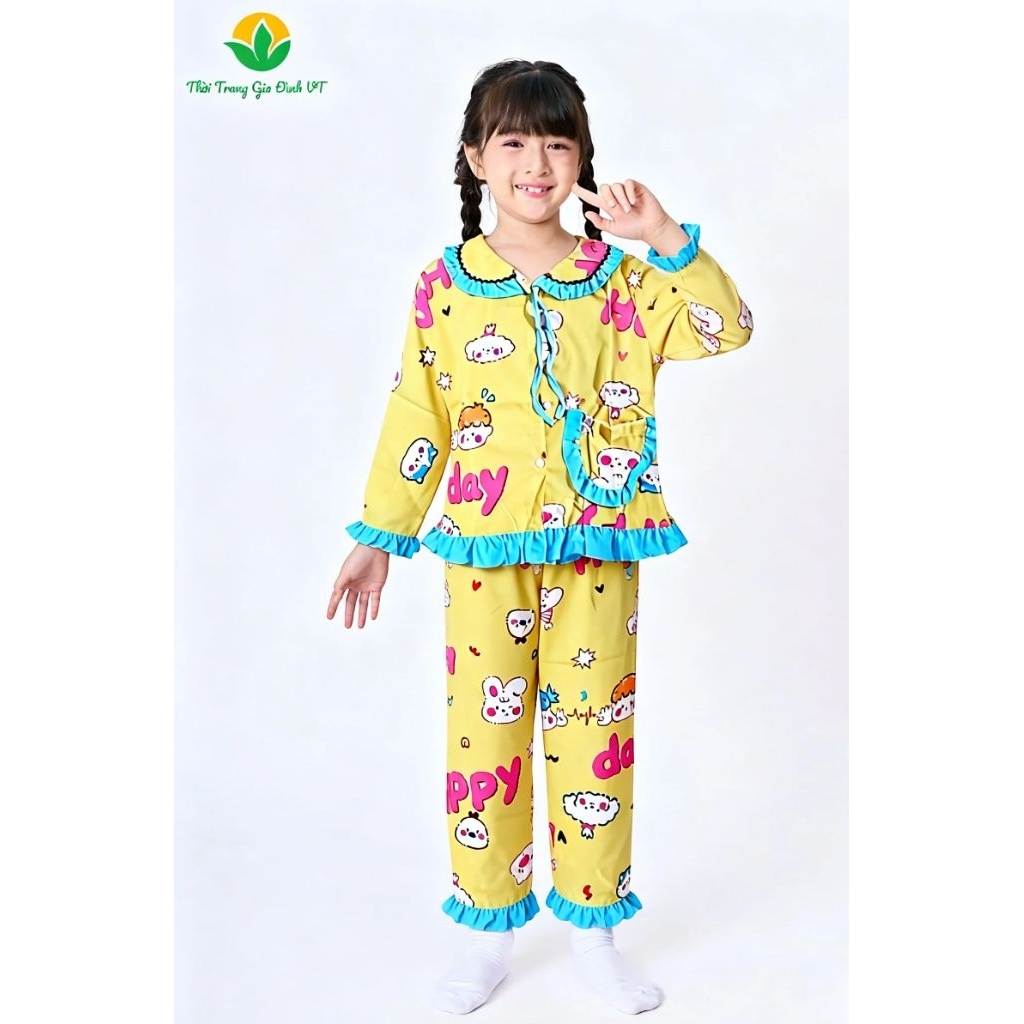Đồ Bộ Lụa Pijama Tiểu Thư Tay Dài Bé Gái