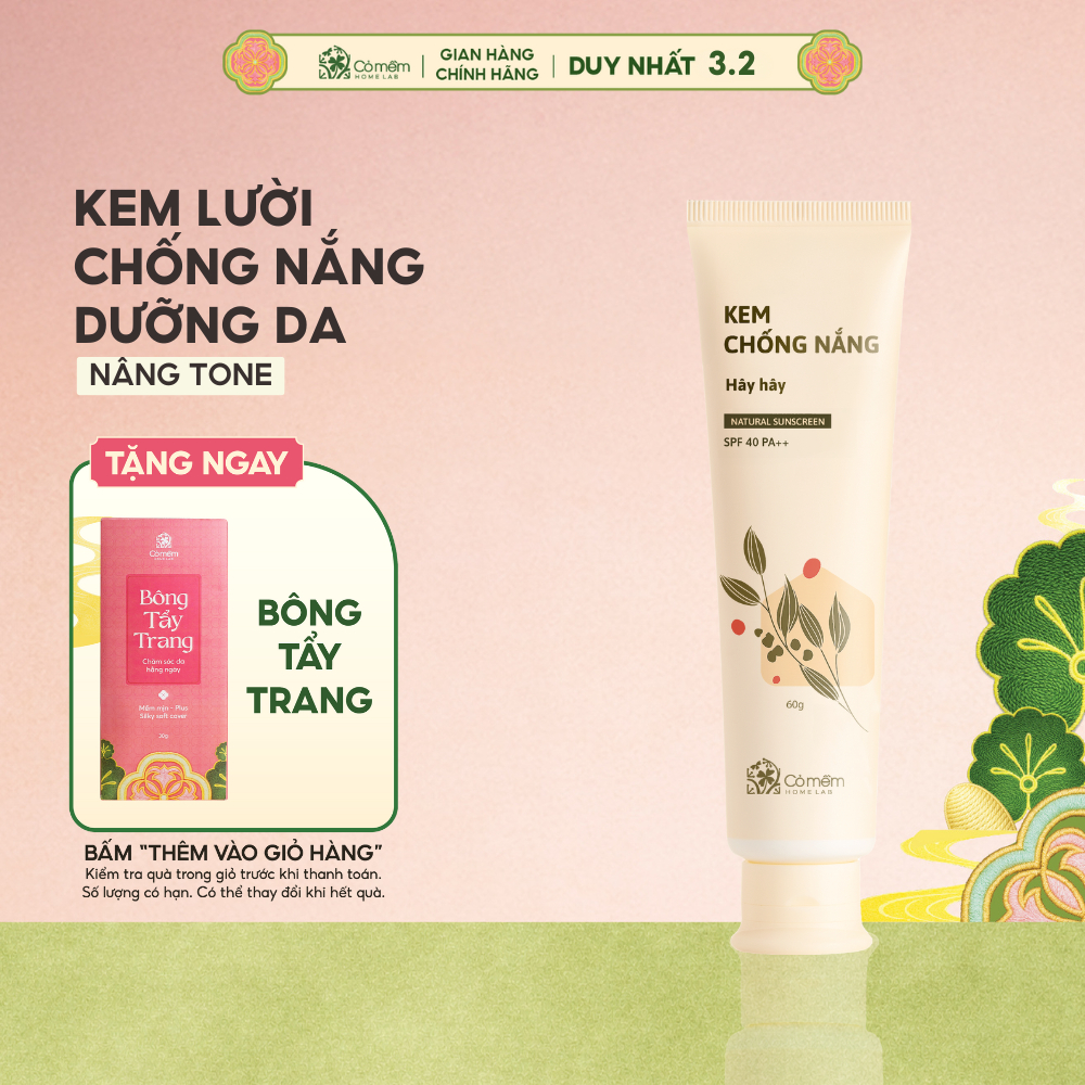 Kem Chống Nắng Mặt Nâng Tông Thấm Nhanh Hây Hây Cho Mọi Loại Da Khô Dầu Mụn SPF 40 PA ++ Cỏ Mềm 60g