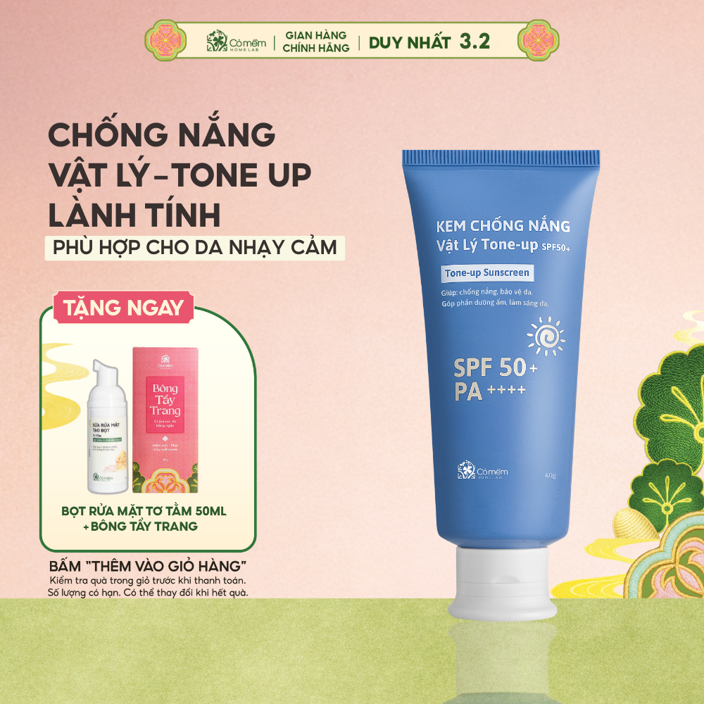 Kem Chống Nắng Vật Lý Nâng Tone SPF50+ PA++++ Tone Up Dưỡng Sáng Cho Da Nhạy Cảm Cỏ Mềm 60g