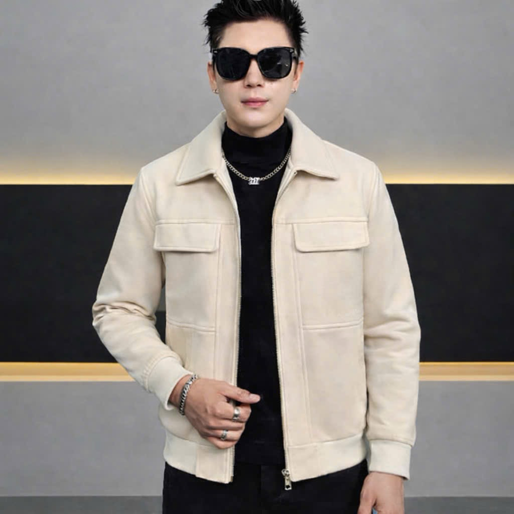 Áo khoác nam cổ bẻ mùa đông chất da lộn lót lông siêu ấm