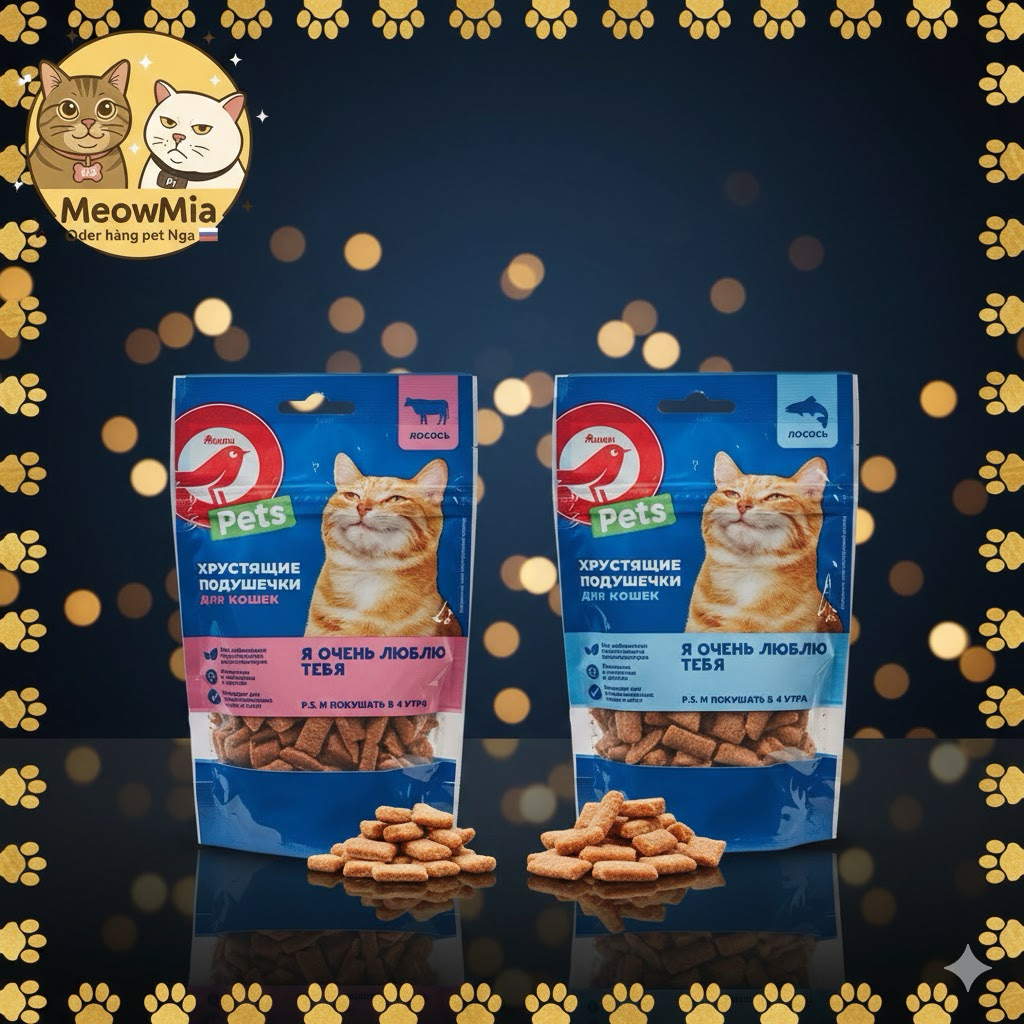 BÁNH THƯỞNG GIÒN AUCHAN PETS CHO MÈO VỊ CÁ HỒI / BÒ – SNACK ĂN VẶT CHO MÈO TRƯỞNG THÀNH – GÓI 60G