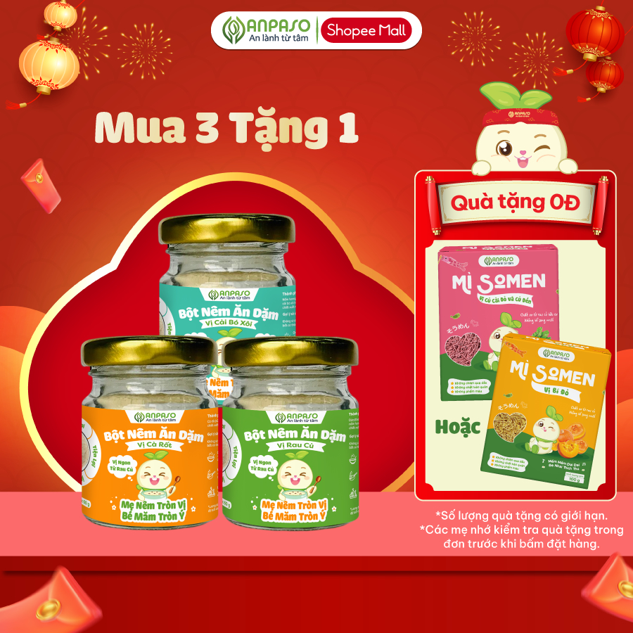 Combo 3 Bột Nêm Ăn Dặm Anpaso Cho Bé: Rau Củ, Nấm Hương, Cà Rốt, Măng Tây, Cải Bó Xôi và Rong Biển 60g