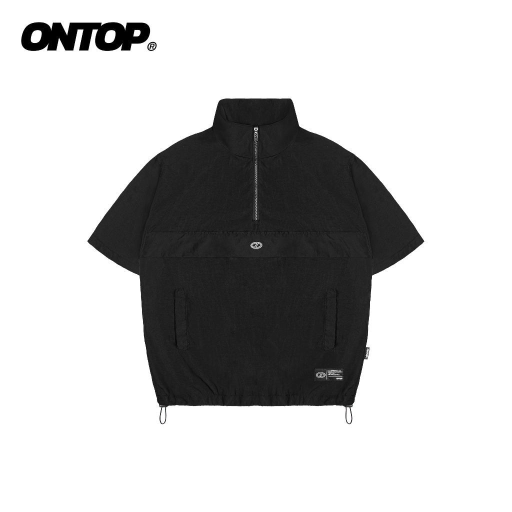 Áo Anorak ngắn tay vải dù nhăn 2 lớp ONTOP màu đen, có dây rút Half-Zip Anorak Shirt | O-T11