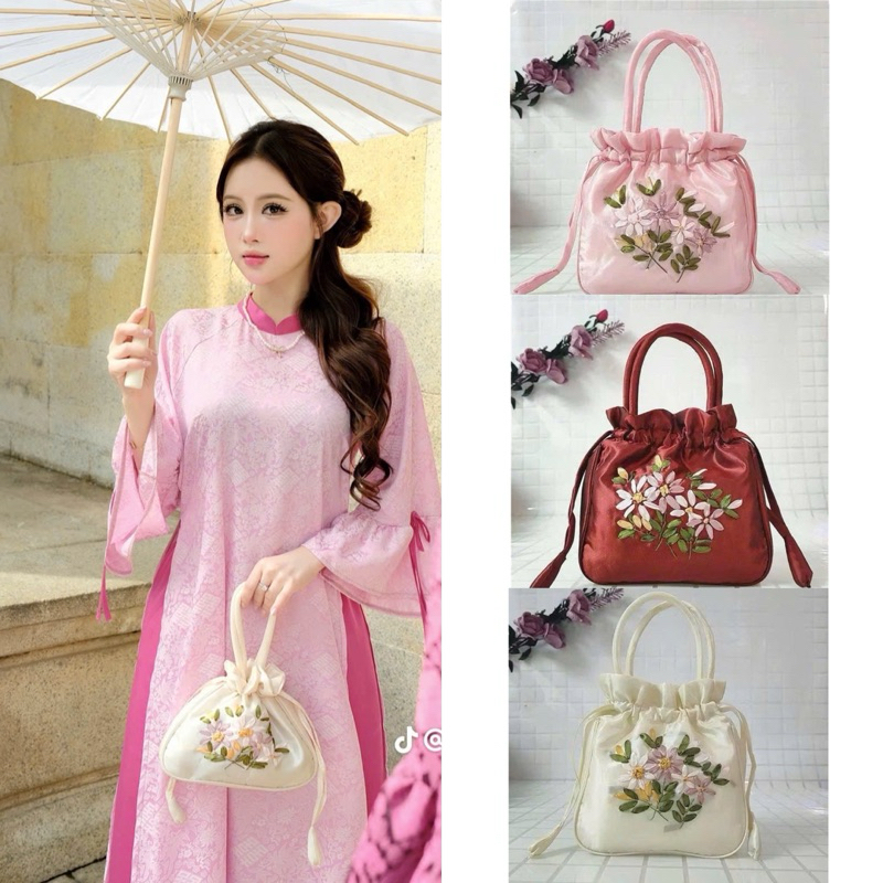 Túi áo dài lụa rút thêu hoa gấm G.Lady Store