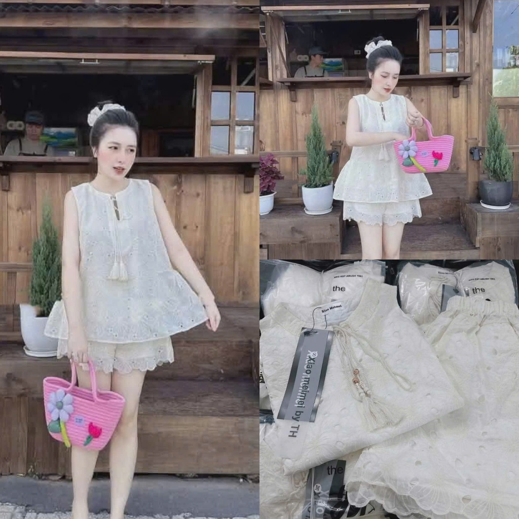 (Set 2 Món):Áo Ren 3 Lỗ Sát Nách Thiết Kế Dây Chuông Phối Quần Đùi Cạp Chun Chất Ren Mềm Mát Hàng 2 