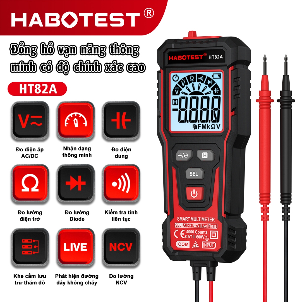 HABOTEST HT82A (HT93 Nâng cấp) Đa đo kỹ thuật số thông minh 600V AC / DC điện áp công suất / chức nă