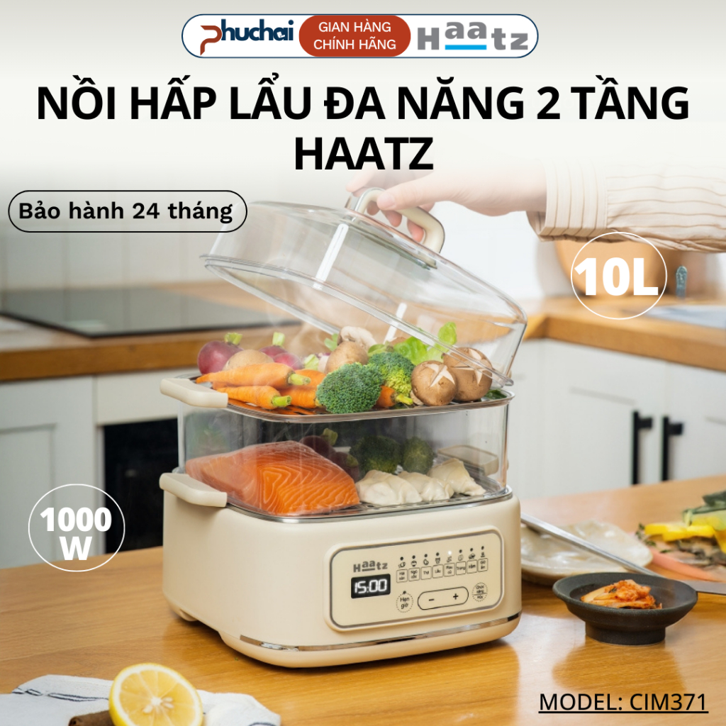Nồi Hấp Điện 2 Tầng Haatz CIM371 Hàn Quốc, Nồi Hấp Đa Năng 1000W Dung Tích 10L 8 Chức Năng Nấu - Điện Máy Phúc Hải