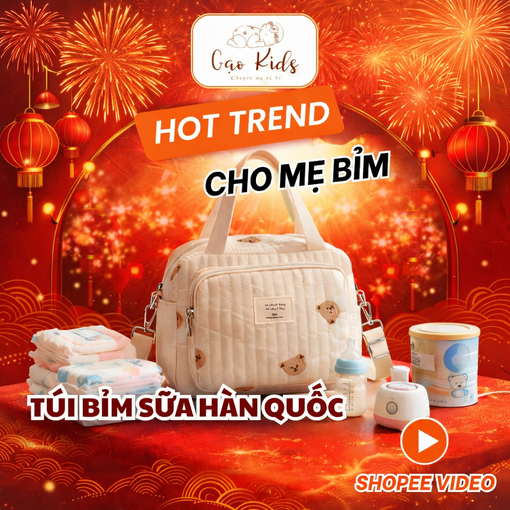 Túi đựng bỉm sữa Hàn Quốc cho mẹ và bé – Thêu mặt gấu, hoa tulip dễ thương – Treo xe đẩy tiện lợi