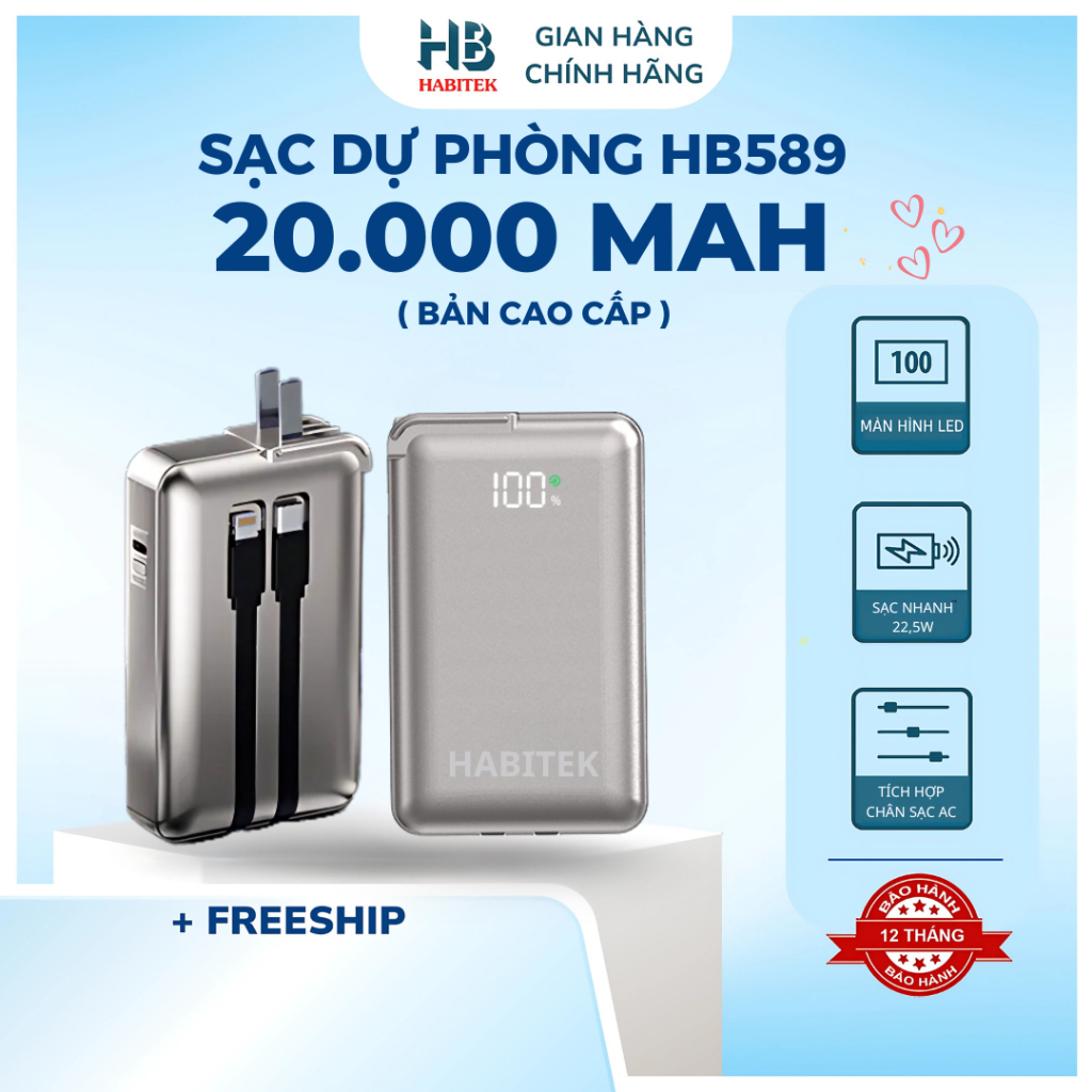 (3) Pin Sạc Dự Phòng 20.000mah Habitek DX589, Sạc nhanh 100W, Kiêm Chân Sạc AC 10W, Sạc Nhanh Nhiều 