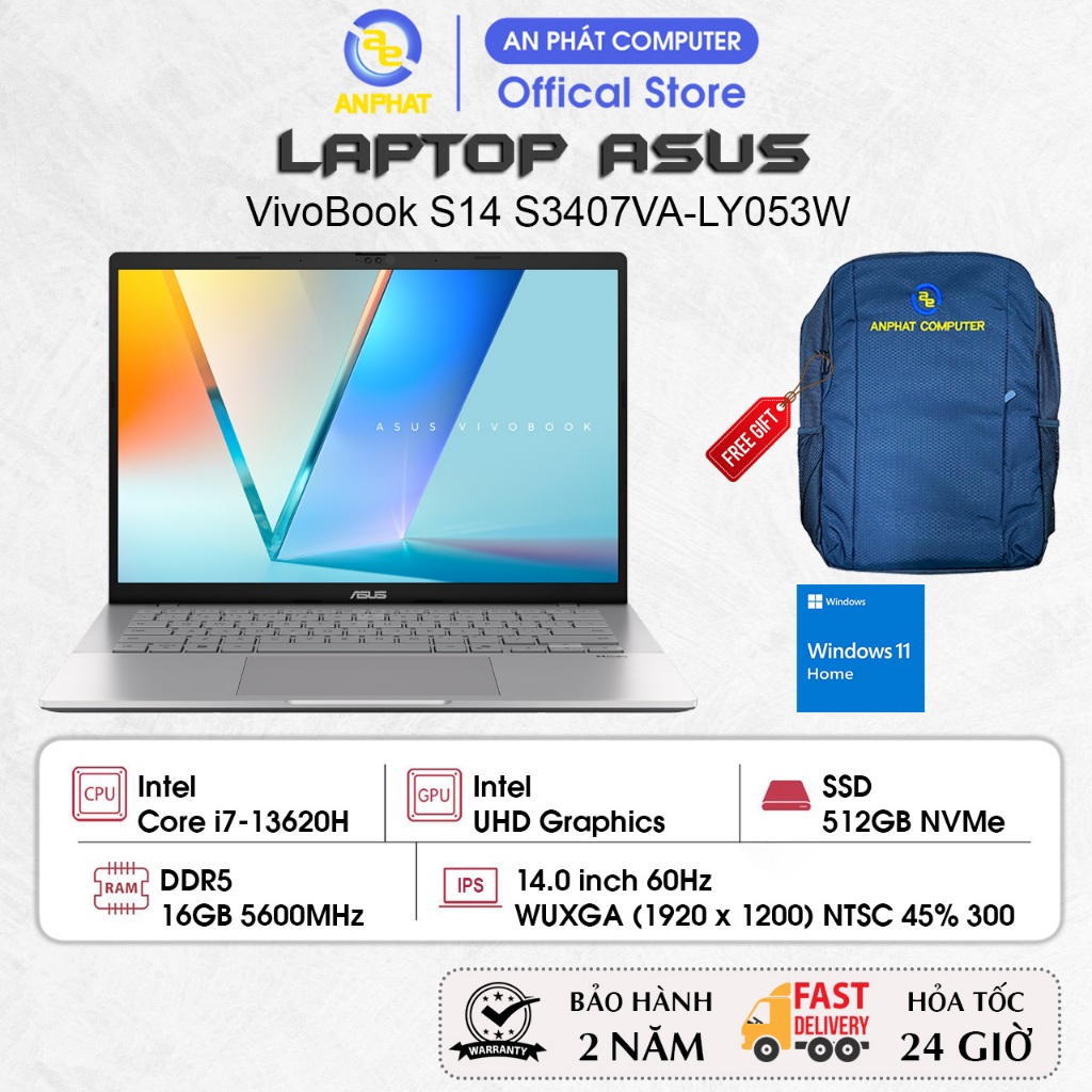 Laptop ASUS VivoBook S14 S3407VA-LY053W, Core i7 13620H, 16GB RAM, 512GB SSD, 14.0 FHD, Win11