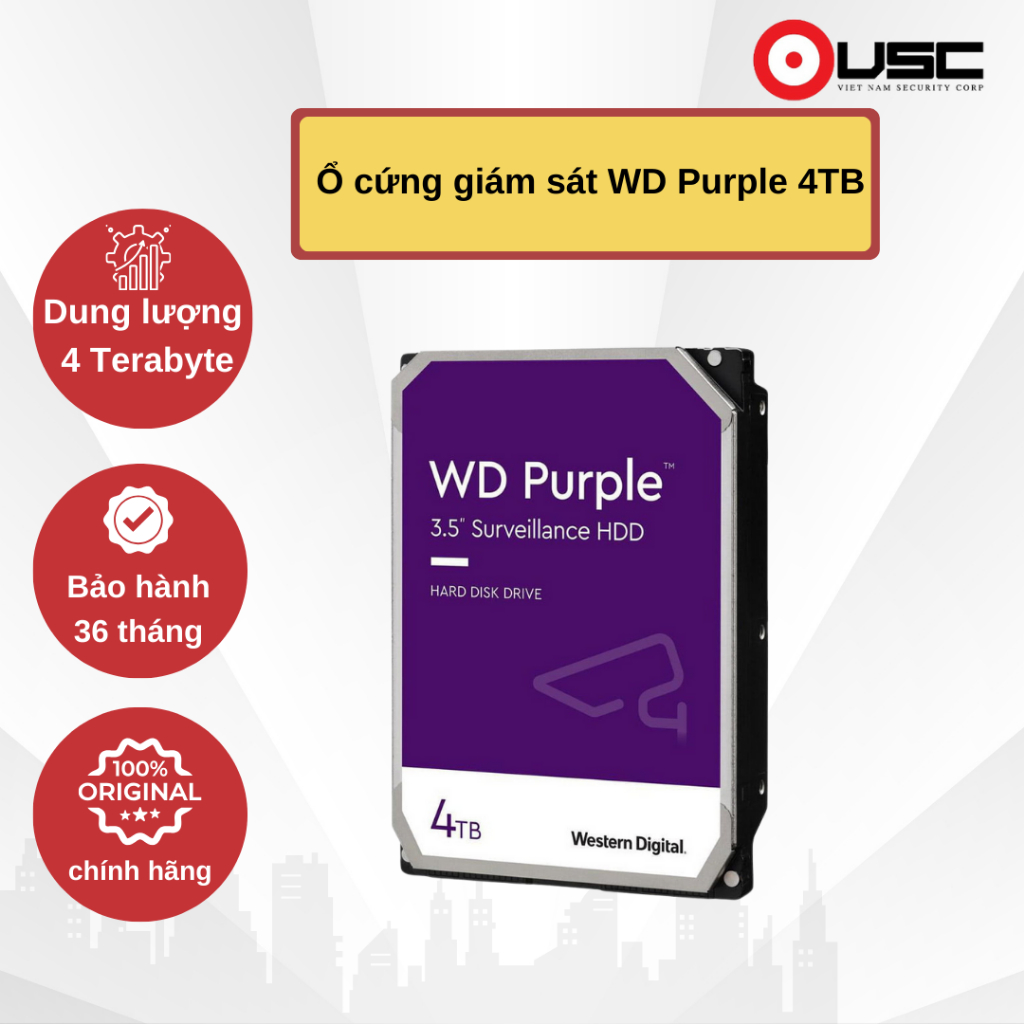 Ổ cứng tím WD Purple dung lượng 4T chính hãng bảo hành 36 tháng | Ổ cứng chính hãng