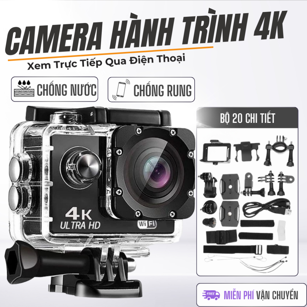 Camera 4K Ultra HD Wifi Kết Nối Điện Thoại, Camera gắn mũ cho xe máy phượt, chống rung, chống nước