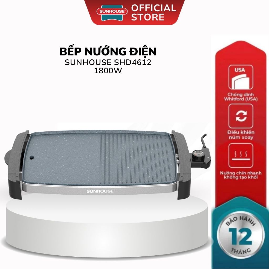 Bếp Nướng Điện Sunhouse SHD4612 - Bảo Hành 12 Tháng, Tự Ngắt Khi Quá Nhiệt, Khay Hứng Mỡ Tiện Lợi