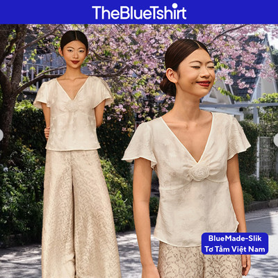 TheBlueTshirt - Áo lụa tơ tằm kiểu cổ chữ V có đính hoa nữ tính - Lily