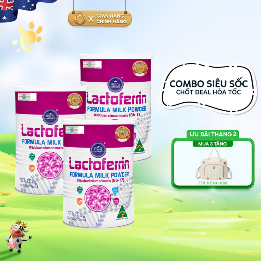 Combo 3 Hộp Sữa Bột ROYAL AUSNZ Lactoferrin Formula Milk BB-12 Hỗ Trợ Tăng Cường Sức Đề Kháng Cho Trẻ 100g/hộp