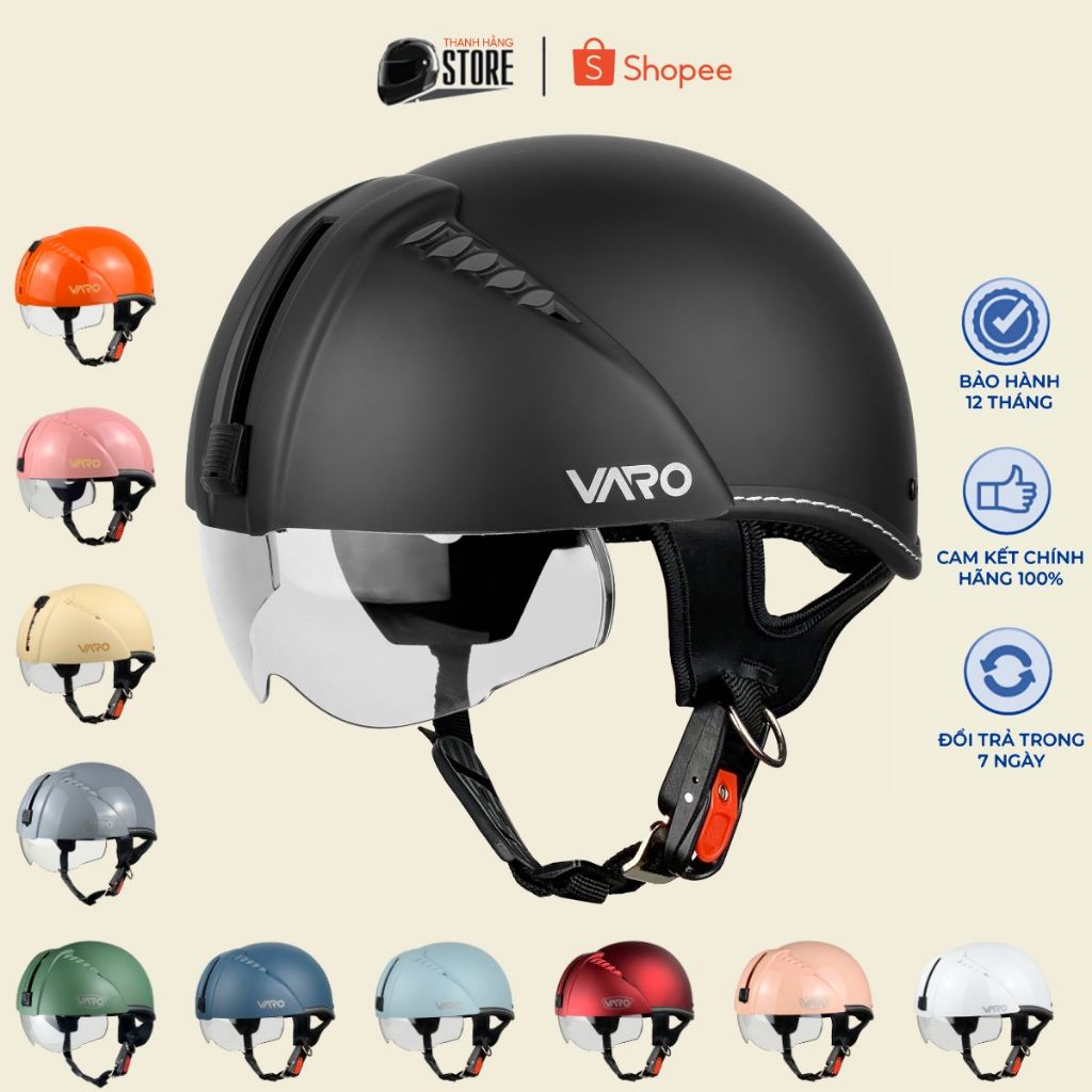 Non Bao Hiem Nửa Đầu Kính Âm VARO Chống Chói Chống Tia UV Freesize Đạt Chuẩn Kiểm Định Đi Xe Máy