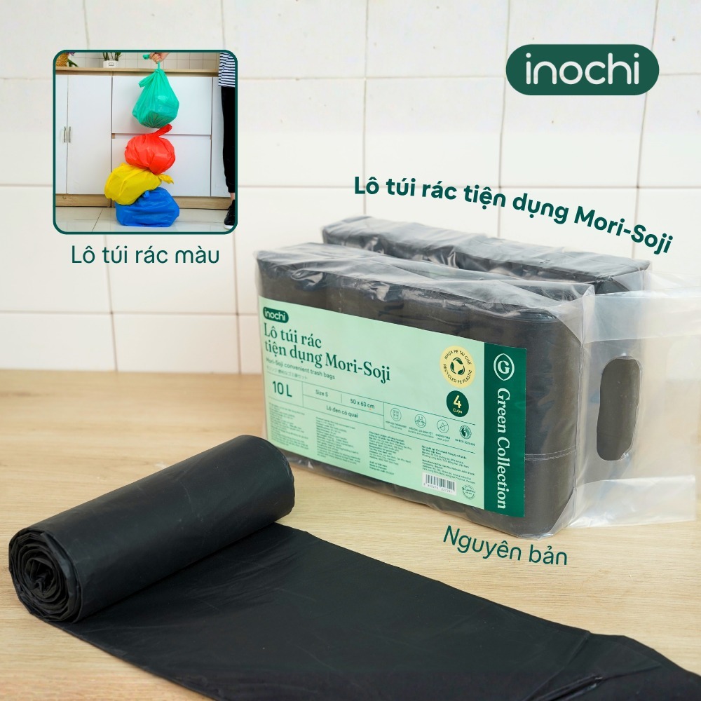Túi rác tự huỷ sinh học Mori Inochi có quai tiện dụng dạng cuộn nhiều màu, cuộn đen.
