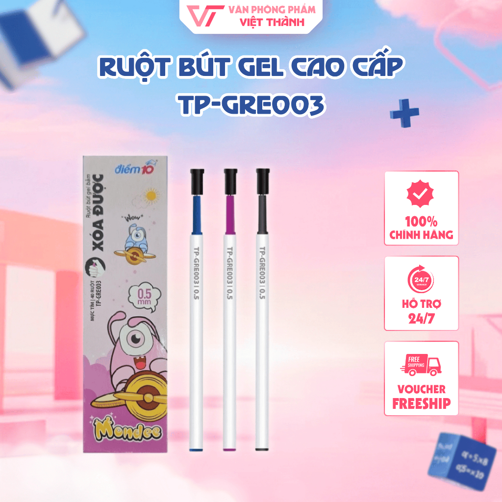 Combo 2 Hộp 20 Ruột Bút Gel Thiên Long TP-GRE003 Xóa Được Dùng Cho Bút Gel Mondee TP-GELE003 Ngòi 0.