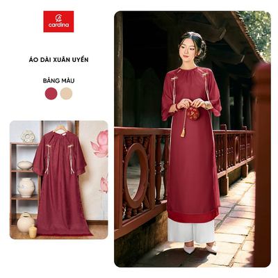 Áo dài nữ Xuân Uyển CARDINA tách set chất liệu tơ mềm áo may 2 lớp tay áo 2 tầng và quần lụa 5ADK03, 5QDR02