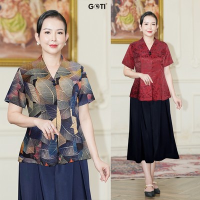 GOTI Đồ Bộ Trung Niên Nữ Chất Lụa Cao Cấp Lưng Thun Tay Ngắn Có Túi Bigsize Cho Mẹ 45-80Kg 3418