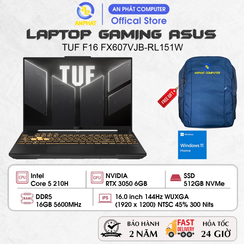 Laptop Gaming ASUS TUF F16 FX607VJB-RL151W, Core 5 210H, RTX 3050 6GB, 16.0 FHD+ 144Hz, Win11