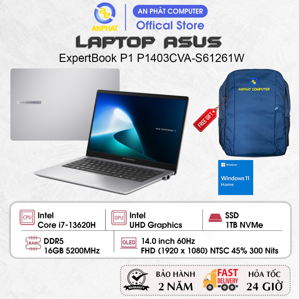 Laptop ASUS ExpertBook P1 P1403CVA-S61261W, Core i7-13620H, 16GB RAM, 1TB SSD, 14.0 FHD, Win11