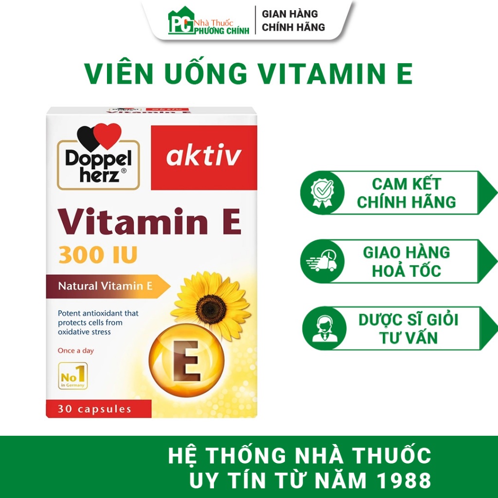 Vitamin E Doppelherz Aktiv Vitamin E 300IU - Hỗ Trợ Bảo Vệ Da, Hạn Chế Lão Hóa 30 Viên/Hộp