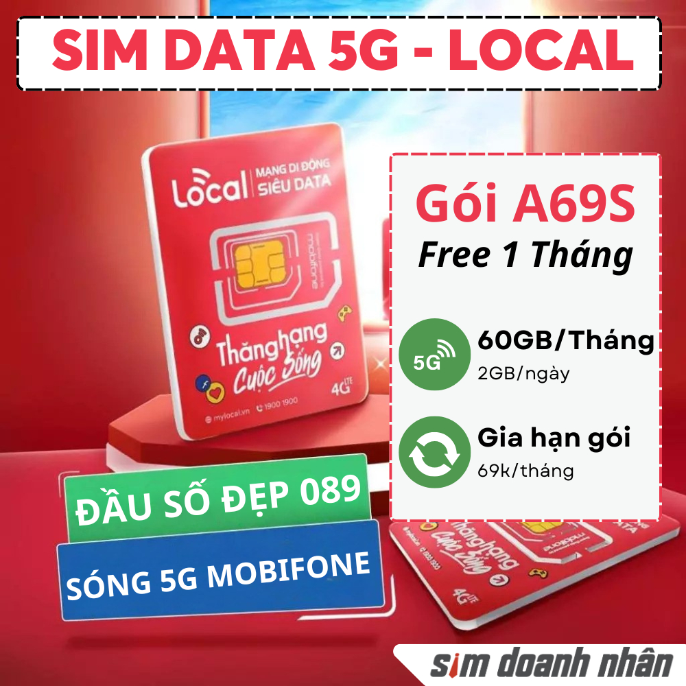 Sim 5G Sóng Mobifone - Gói A69S Local - Free Cước Tháng Đầu - KM 60GB/Tháng - 2GB/Ngày, DK Chính Chủ