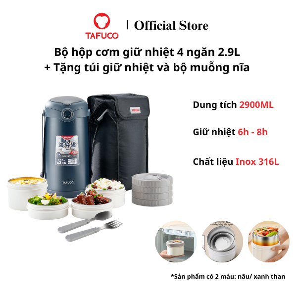 Bộ hộp cơm giữ nhiệt TAFUCO  2.9L Inox 316L + tặng kèm set muỗng nĩa, túi giữ nhiệt
