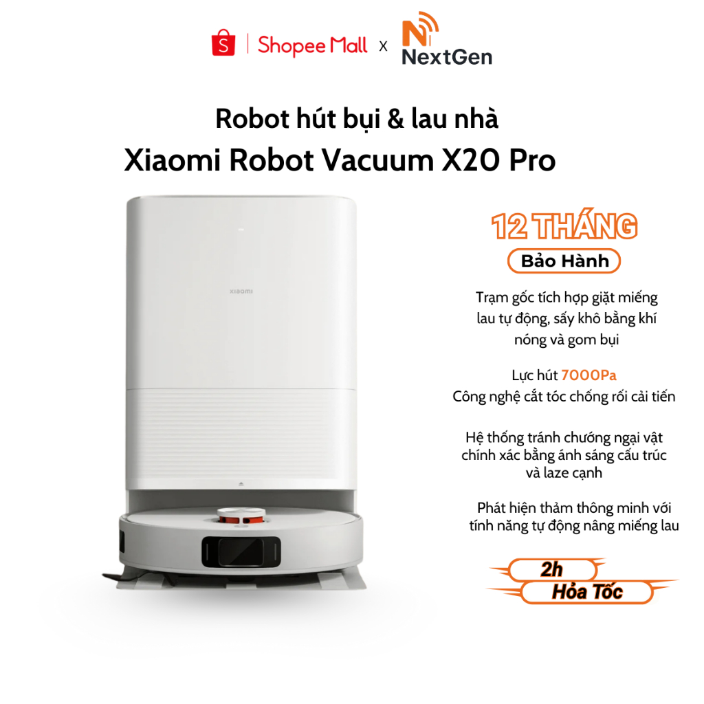 Robot hút bụi lau nhà Xiaomi X20 Pro - Lực hút 7000Pa - Trạm sạc đa năng - Sấy khô giẻ bằng khí nóng